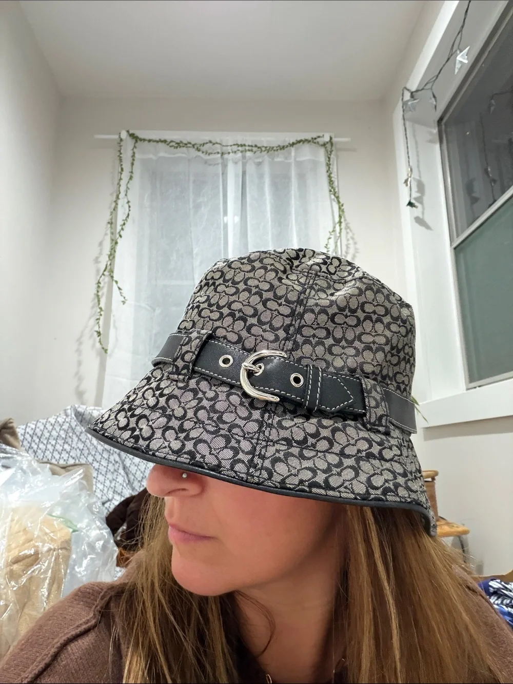 Coach Signature Logo Bucket Hat with Black Belt Accent